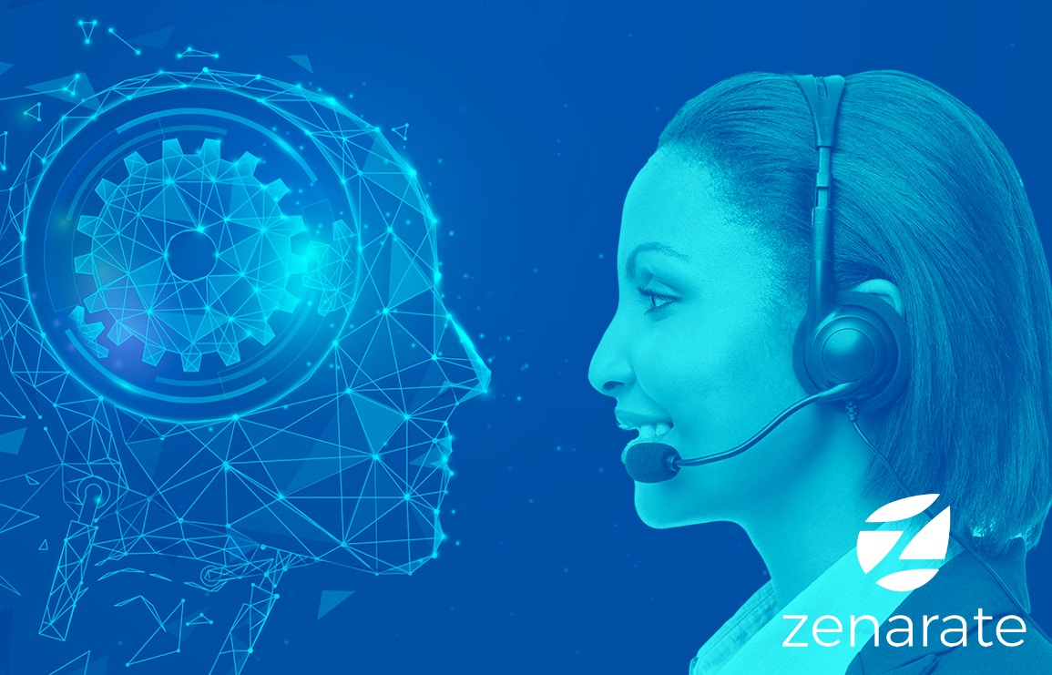 Futuristic woman smiling with Zenarate logo.