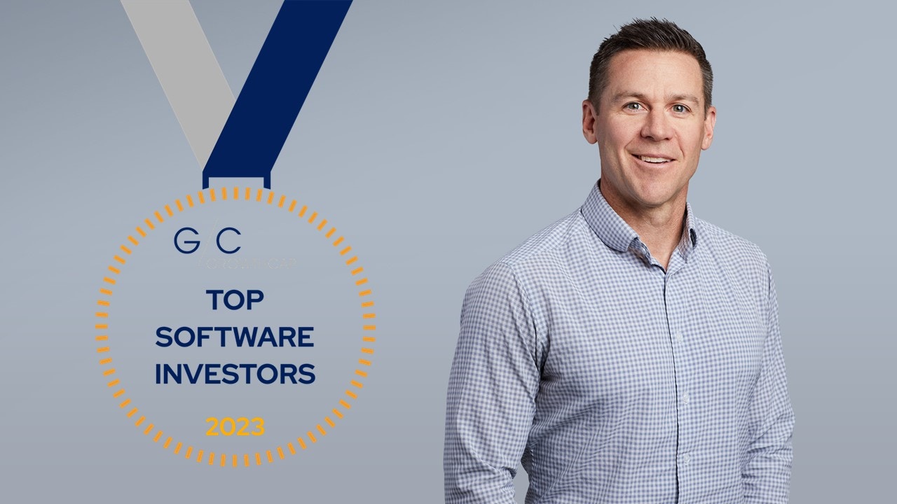 Volition Capital Managing Partner Sean Cantwell and the GrowthCap logo for Top Software Investors 2023.
