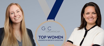 Two Volition Capital employees with a GrowthCap logo for top women leaders in growth investing 2025.